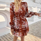 Spring And Autumn New Ladies Floral Printed V-neck Lantern Sleeve Dress