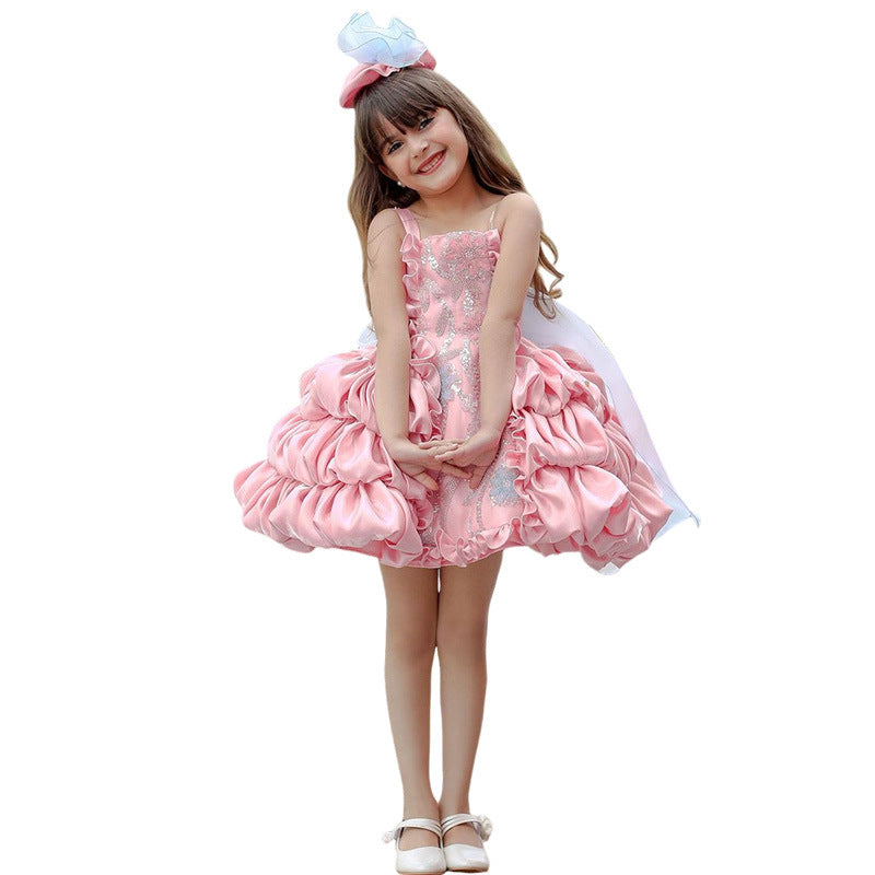 Robe bouffante rose à nœud d'été pour enfants, vêtement de spectacle pour défilé
