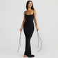 Rose U-shaped Collar Pleated Lace-up Long Dress