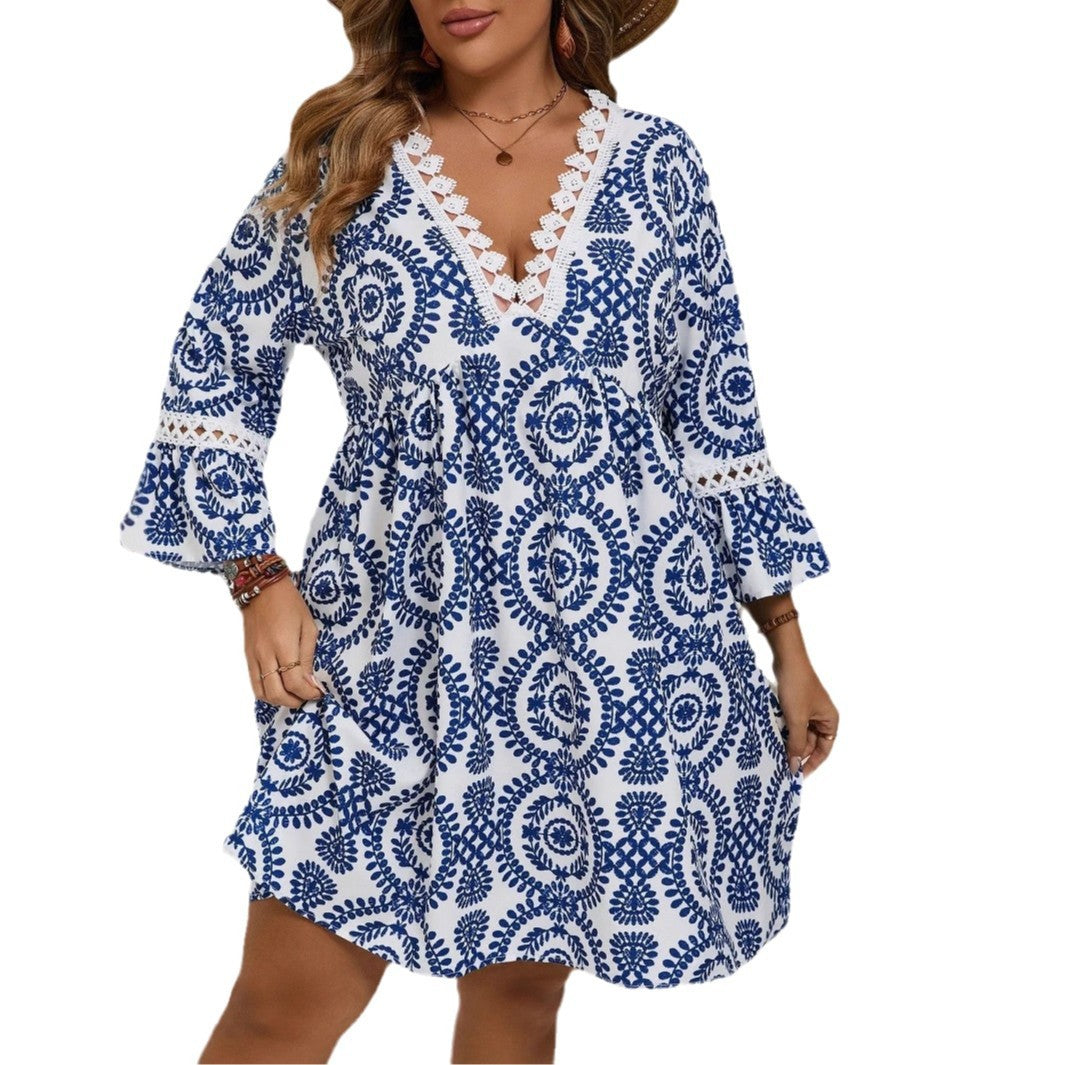 Plus Size Women's Vacation V-neck Lace Printed Dress