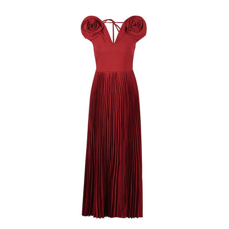 V-neck Three-dimensional Flowers High Waist Pleated Dress
