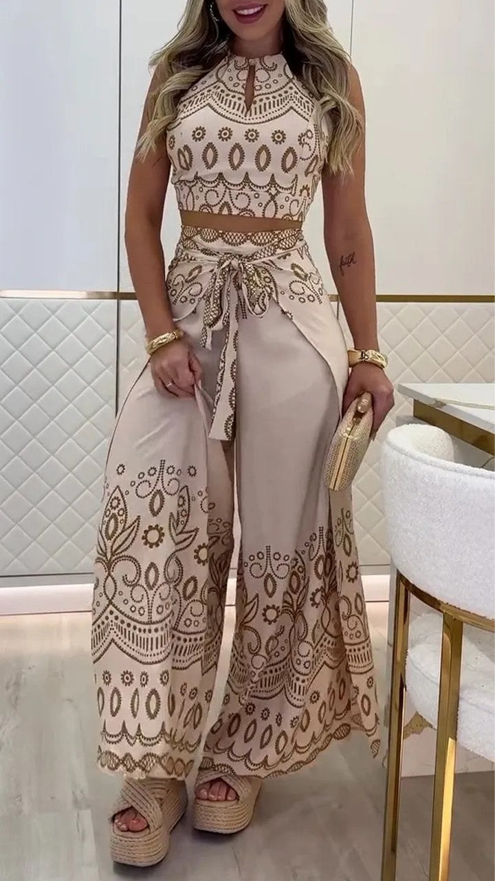 Ethnic Style Halter Top Wide Leg Pants Suit