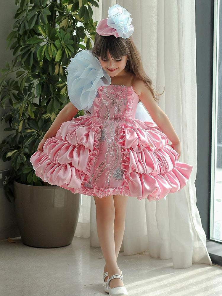 Robe bouffante rose à nœud d'été pour enfants, vêtement de spectacle pour défilé