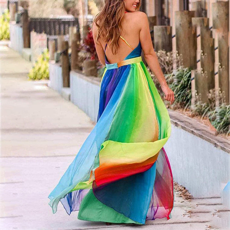 Spring And Summer New Suspenders Deep V Rainbow Mesh Camisole Dress