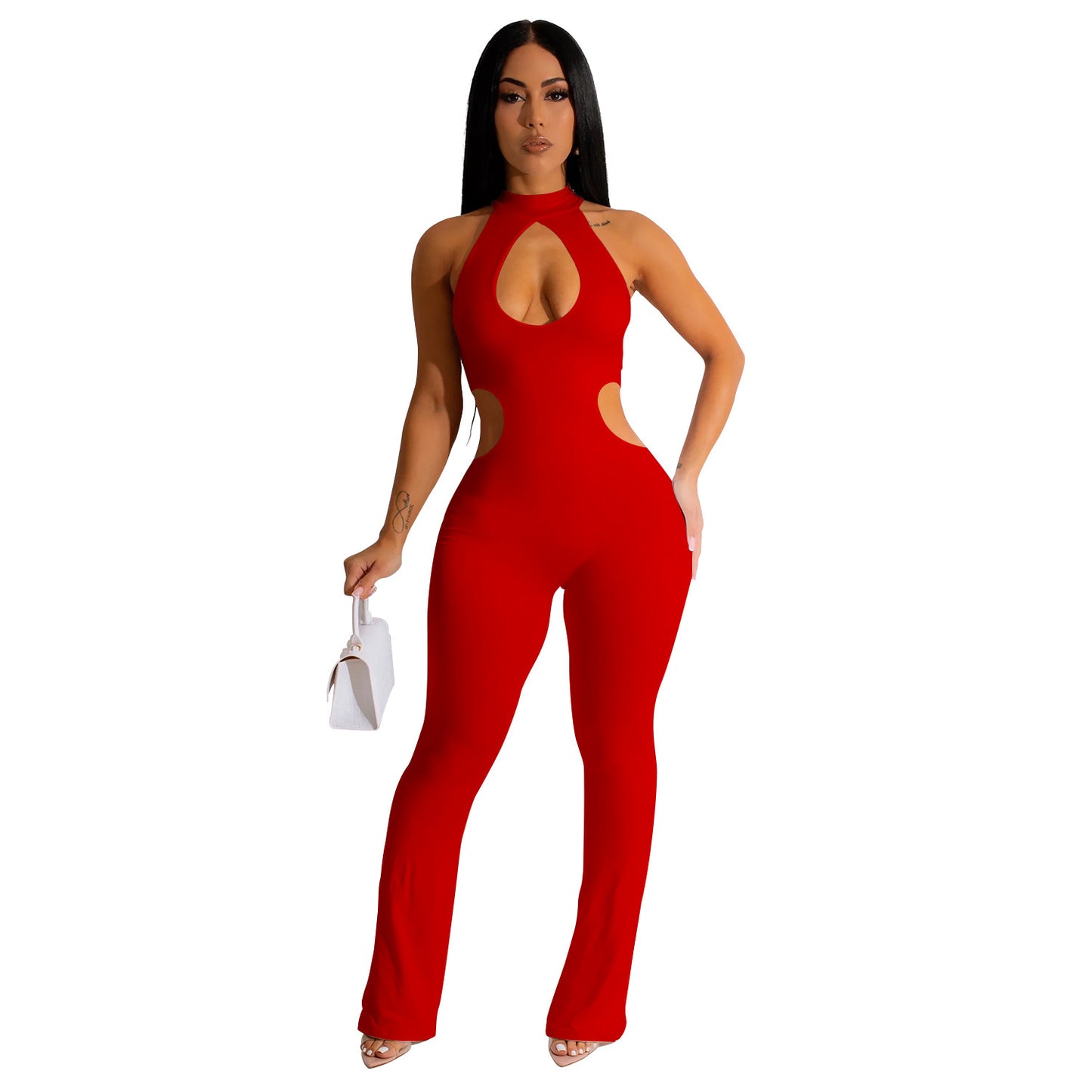 Women's Solid Color Halter Hollow-out Jumpsuit