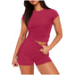 Solid Color Slim Shirt Top High Waist Shorts Suit
