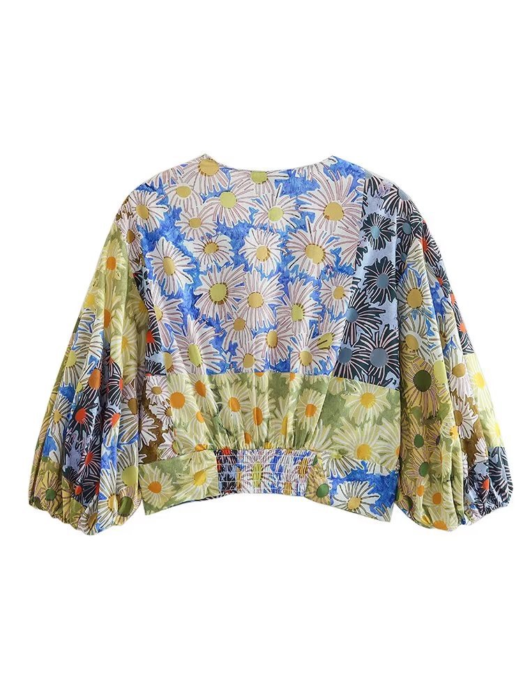 European And American Summer Wind Women's New Long Sleeve Bow Tie Printed Top
