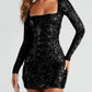 Robe sexy dos nu à paillettes, mode slim, col carré, manches longues, vêtements pour femmes