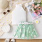 Girls' Pit Striped Halter Sleeveless Top Printed Pleated Skirt Belted Suit