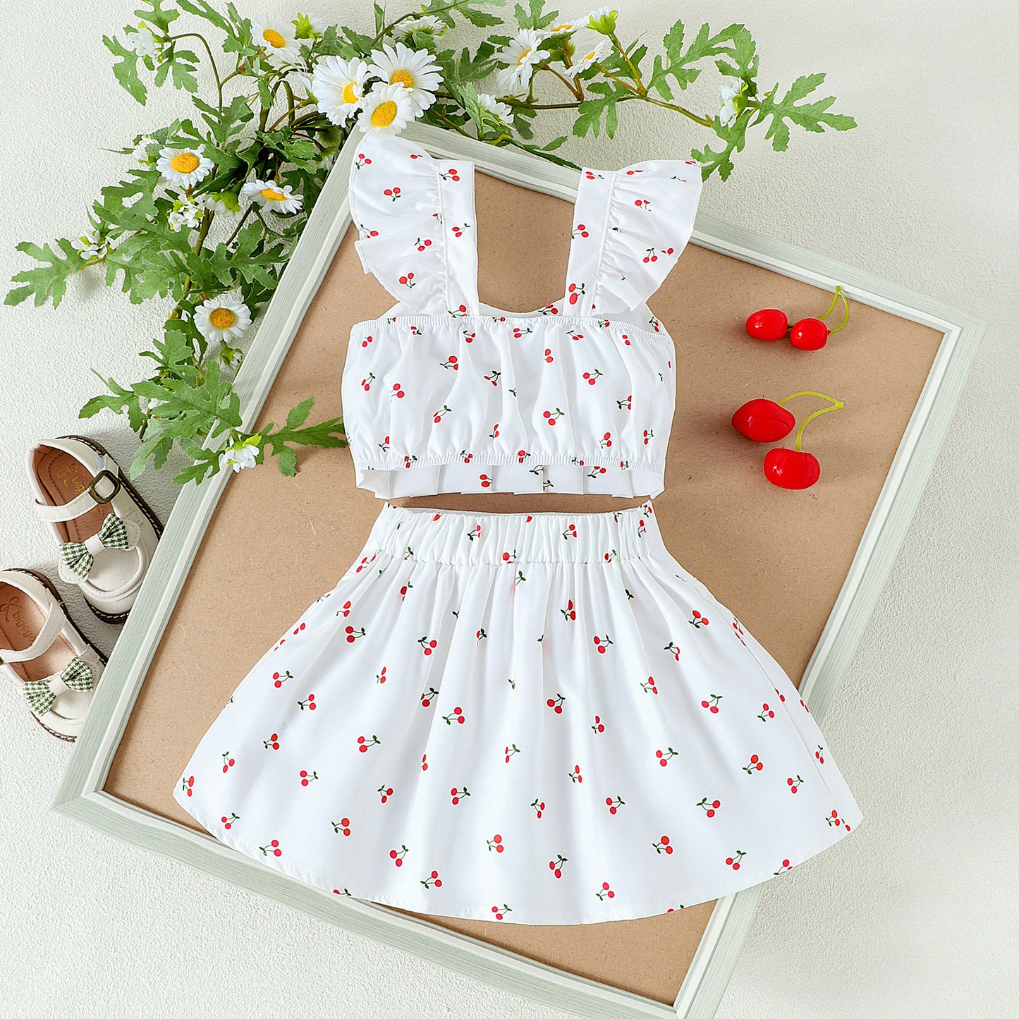 Girls' Flounced Sleeve Printed Strappy Bow Pleated Skirt Two-piece Set
