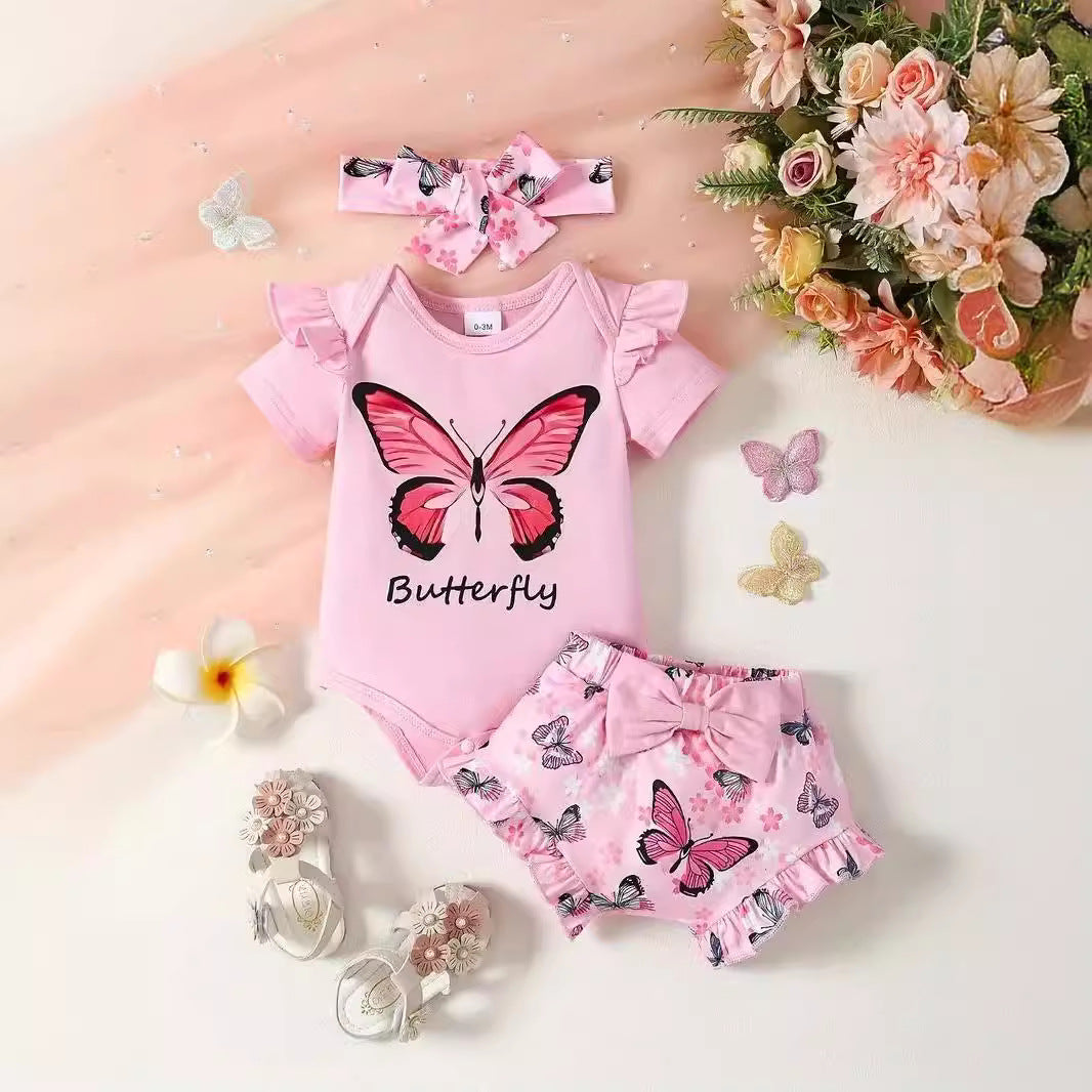 Combinaison d'été à manches courtes pour bébé fille, douce et confortable, motif papillon