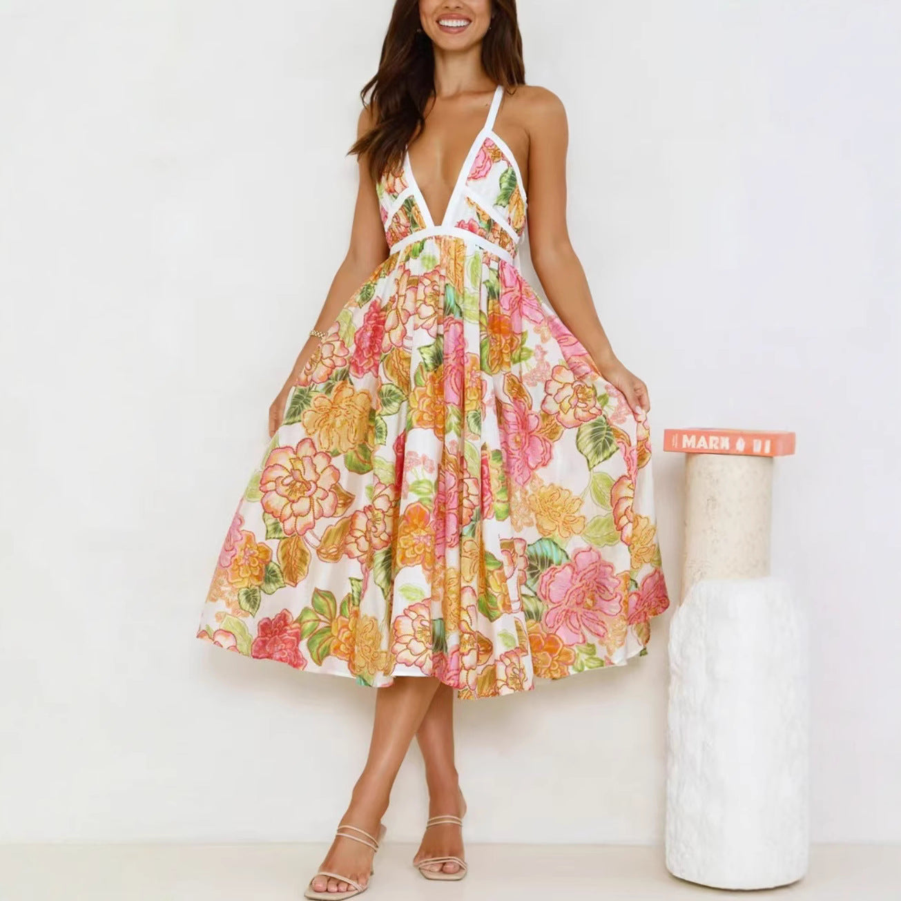 Floral Swing V-neck Lace-up Fashion Vacation Dress