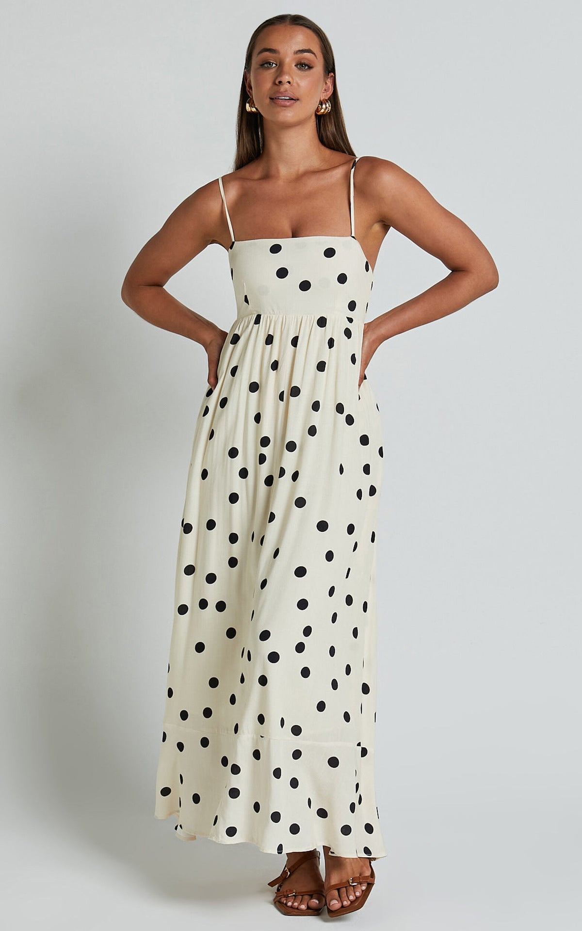 U-collar Tight Waist Large Skirt Polka Dot Print Dress