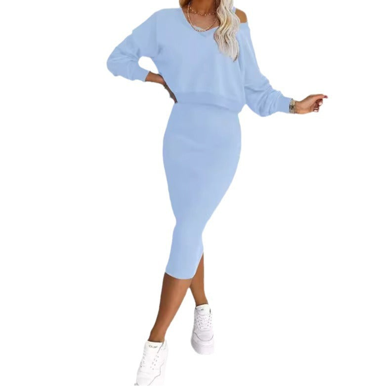 European And American Women's Clothing Vest Skirt V-neck Sweatshirt Sweater Set
