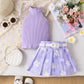 Girls' Pit Striped Halter Sleeveless Top Printed Pleated Skirt Belted Suit
