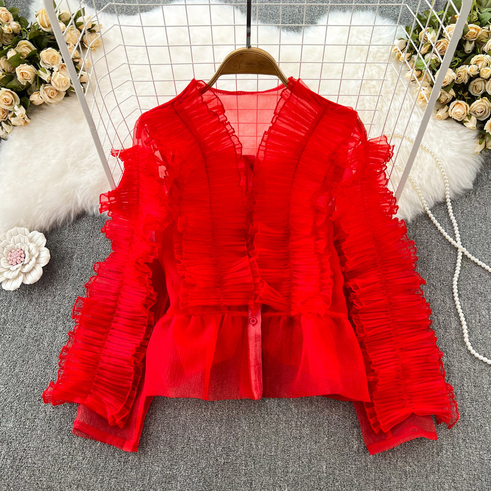 Retro Temperamental Fairy Loose V-neck Flounce Shirt For Women