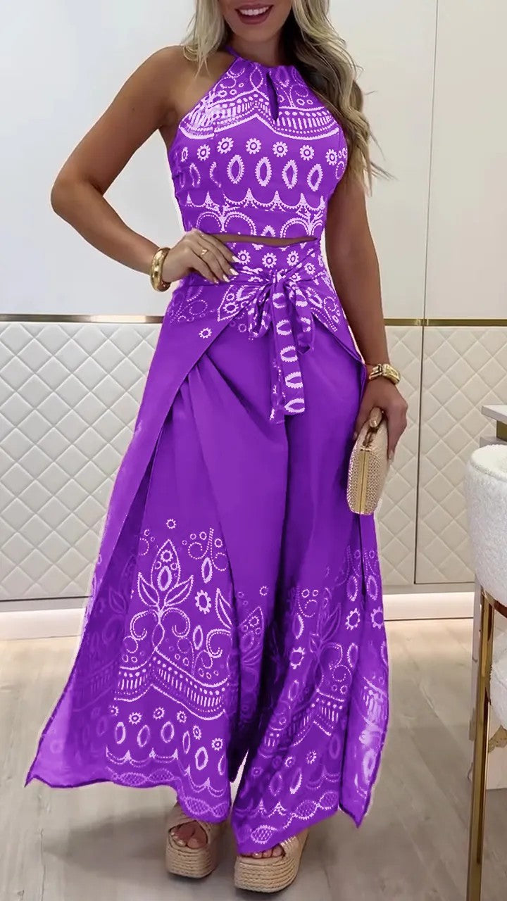 Ethnic Style Halter Top Wide Leg Pants Suit