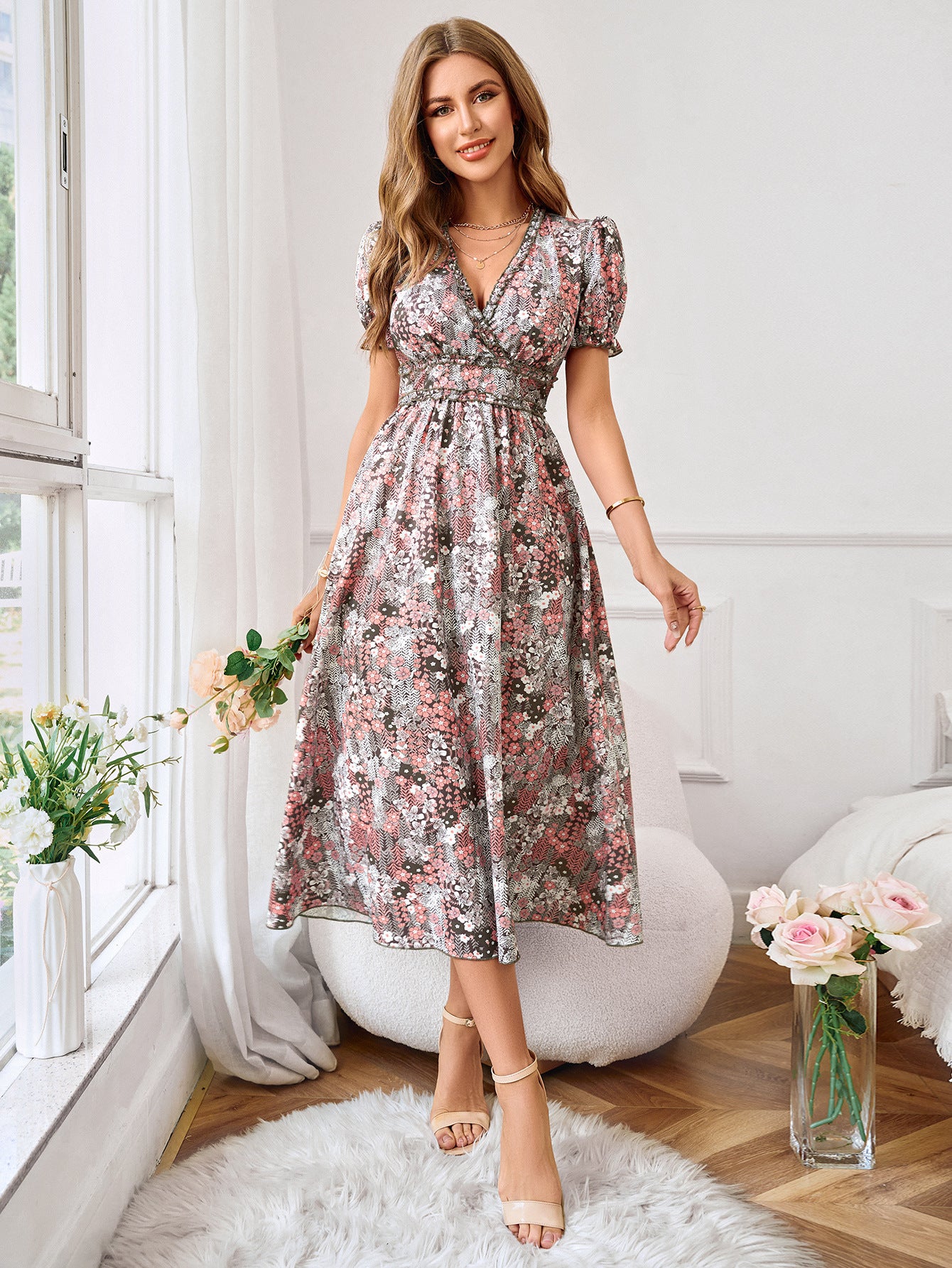 Women's V-neck Waist Trimming Printing Short-sleeved Dress