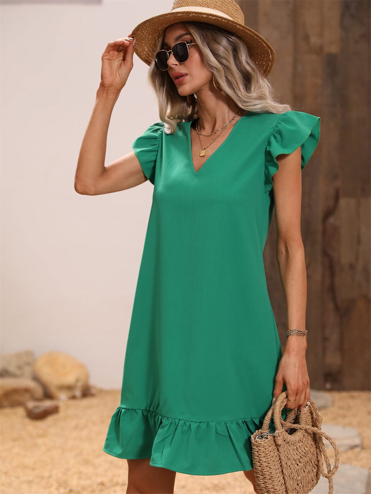 Women's V-neck Ruffle Loose Waist Short Sleeve Dress