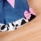 Flounced Sleeve Cow Print Top Denim Stitching Shorts Girls Suit