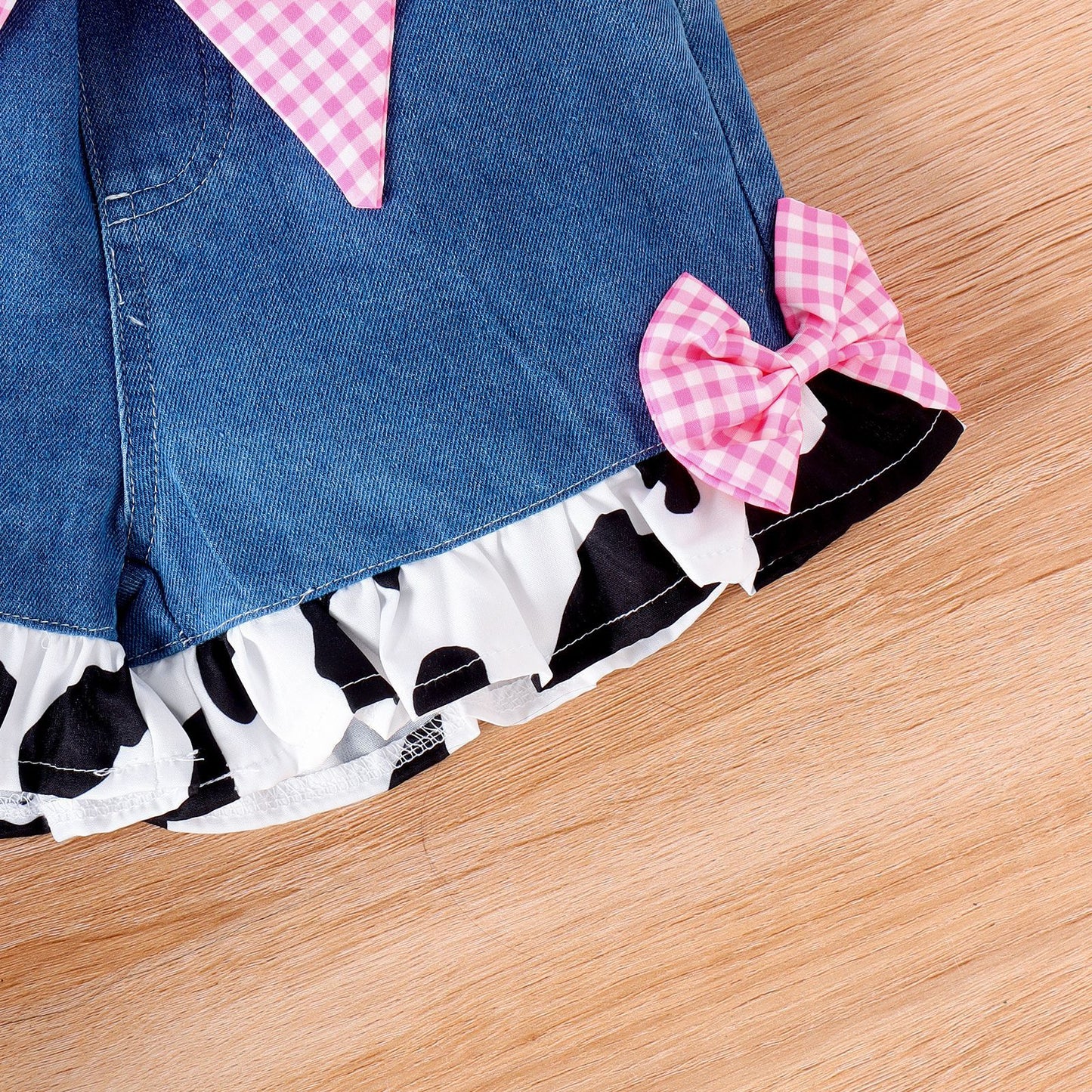 Flounced Sleeve Cow Print Top Denim Stitching Shorts Girls Suit