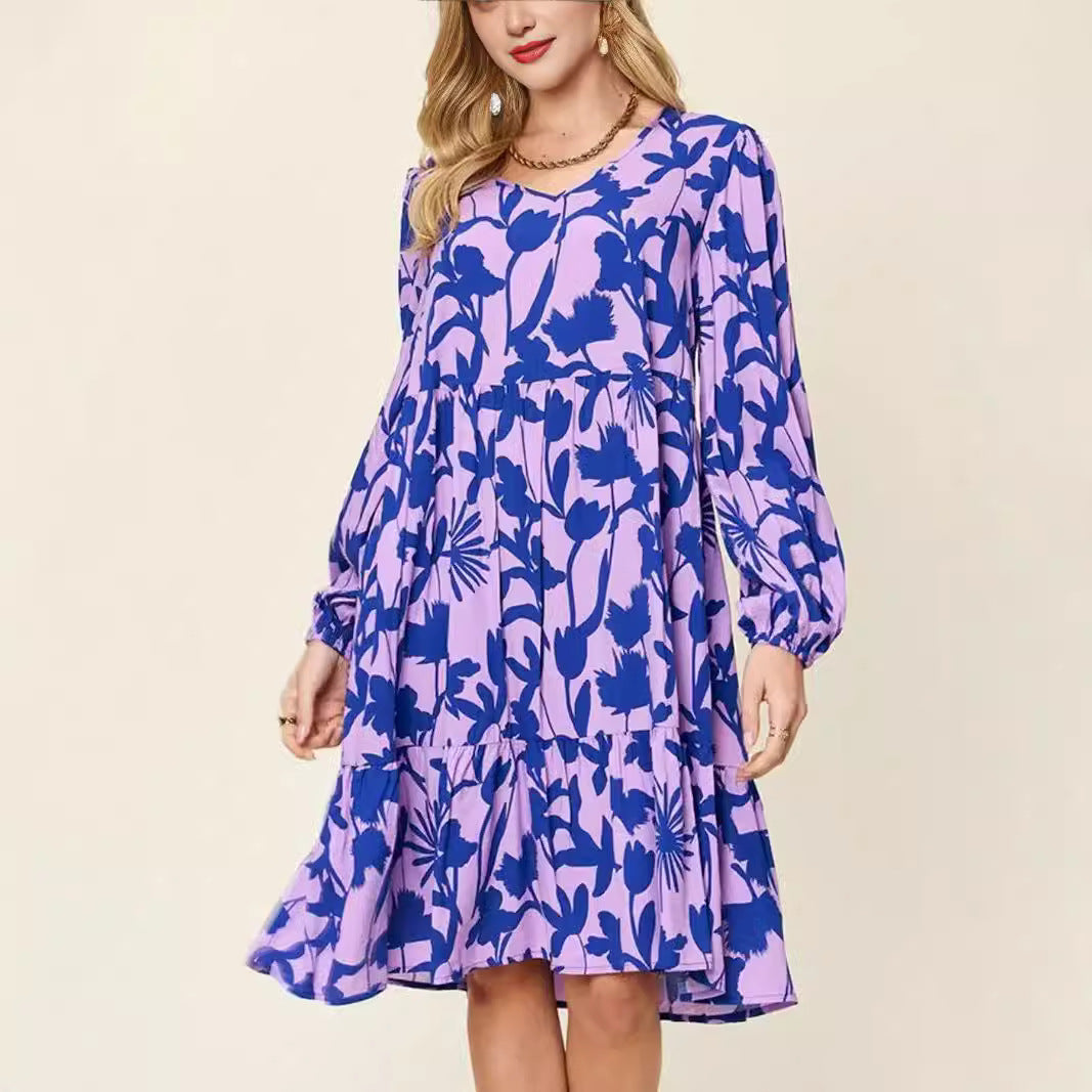 Robe décontractée imprimée à manches longues et col rond plissé