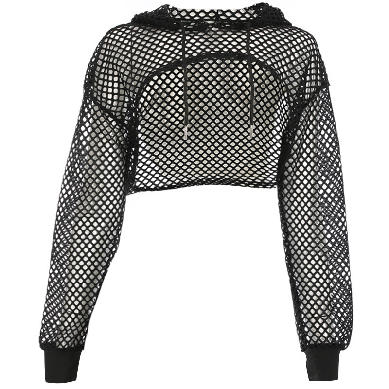 Solid Color Mesh Hollow Out Hooded Loose Smock Top