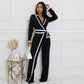 Fashion Belt Design Dual-color Patchwork Long Sleeve Jumpsuit