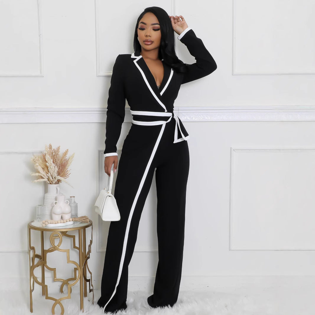 Fashion Belt Design Dual-color Patchwork Long Sleeve Jumpsuit
