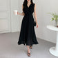 French Style V-neck Pleated Temperament Lace-up Waist-controlled Slimming Sleeveless Dress