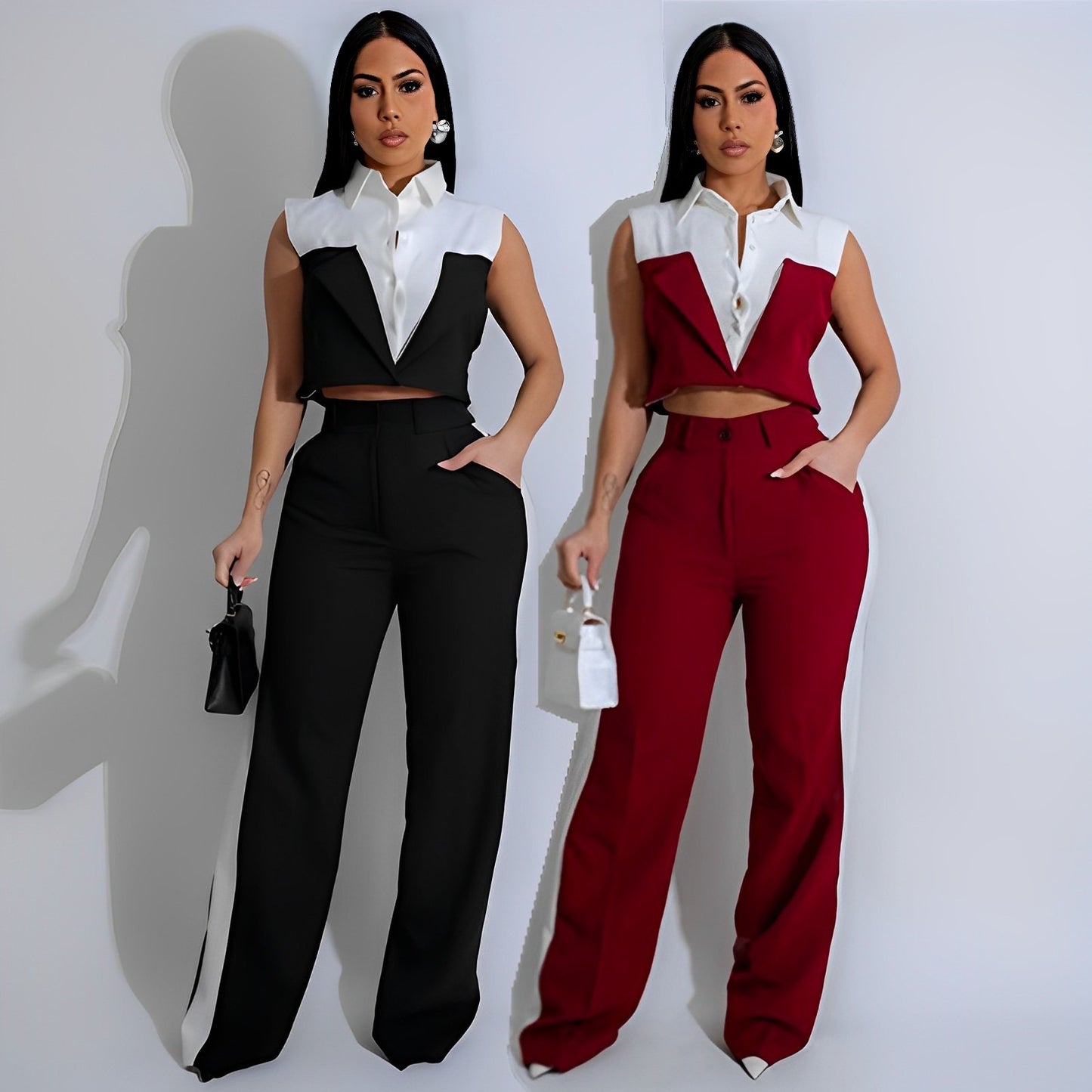 Vest Shirt Stitching Contrast Color Pocket Casual Trousers Two-piece Set