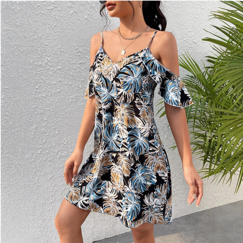 Casual Printing Short Sleeve Strappy Dress