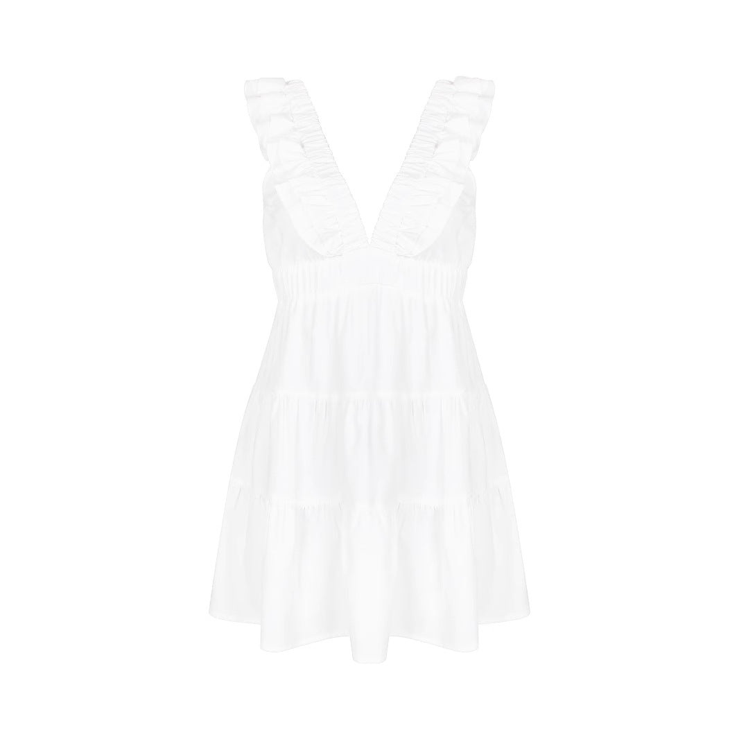 Women's Ruffled Deep V Slim Fit Backless Dress
