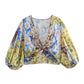 European And American Summer Wind Women's New Long Sleeve Bow Tie Printed Top