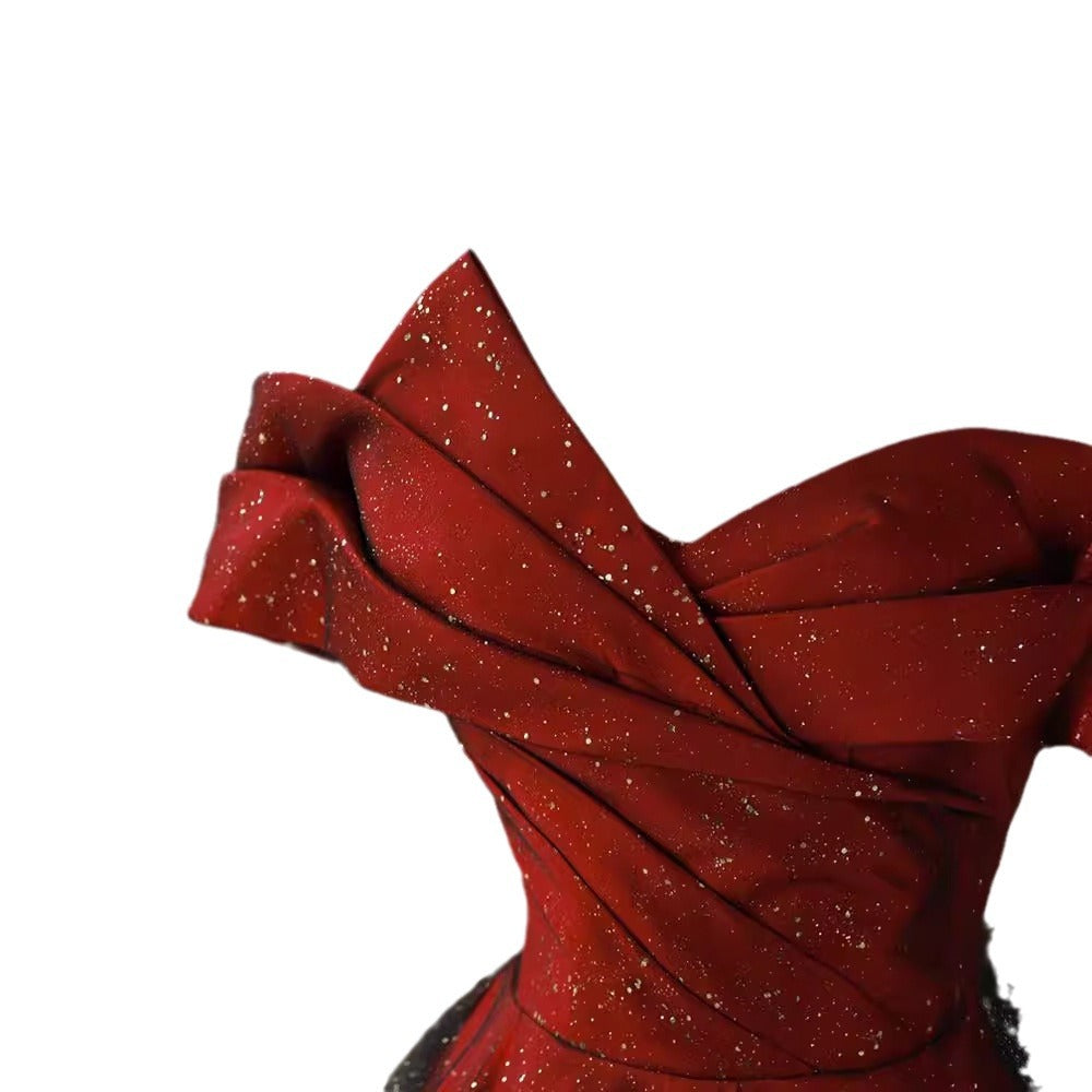 Robe de mariée rouge à épaules dénudées, robe de fiançailles amincissante grande taille