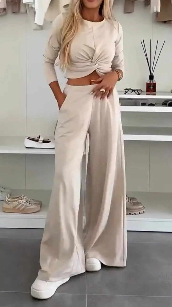 Solid Color O-neck Short Top T-shirt Wide Leg Pants Casual Suit
