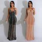 European And American Fashion Women's Pure Color Mesh Rhinestone Strap Dress
