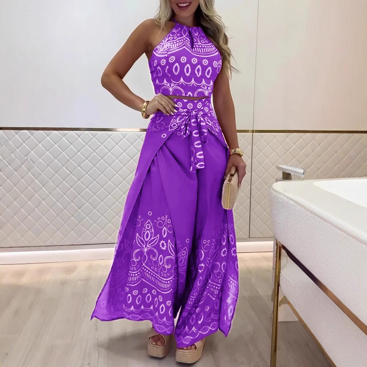 Ethnic Style Halter Top Wide Leg Pants Suit
