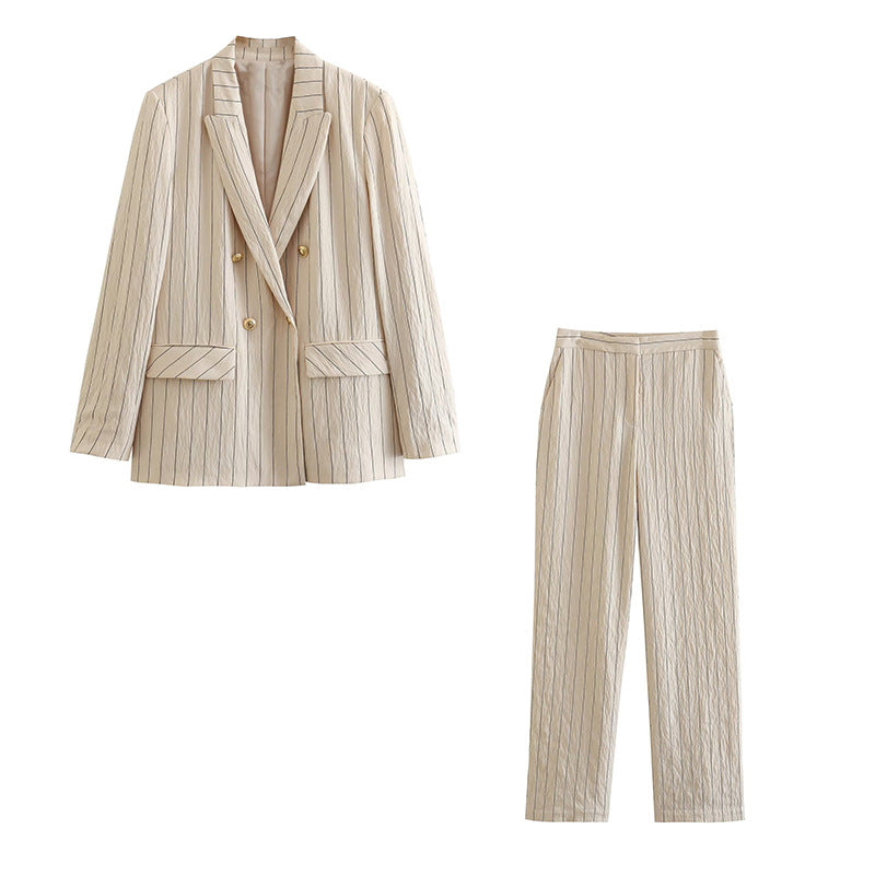 Spring NEW Long Sleeve Double Breasted Suit Jacket High Waist Casual Pants Striped Suit