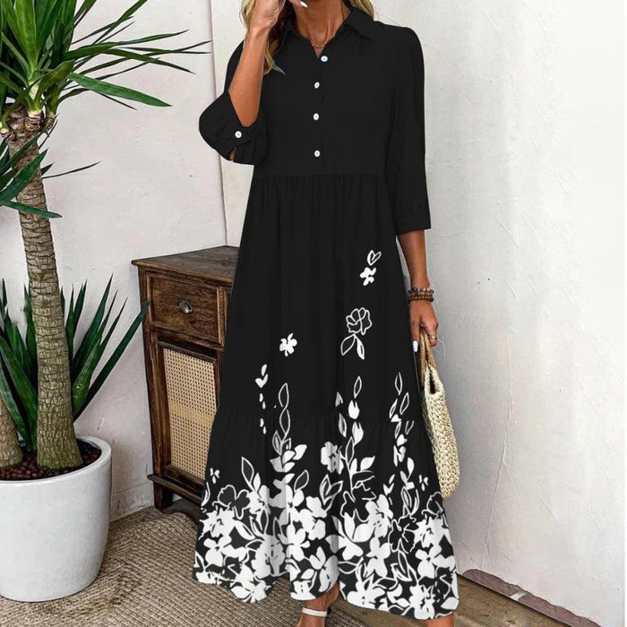 Digital Printing Button Blouse Collar Dress