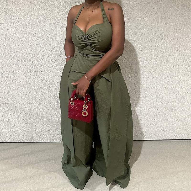 Halter V-neck Irregular Sleeveless High Waist Ribbon Jumpsuit Trousers