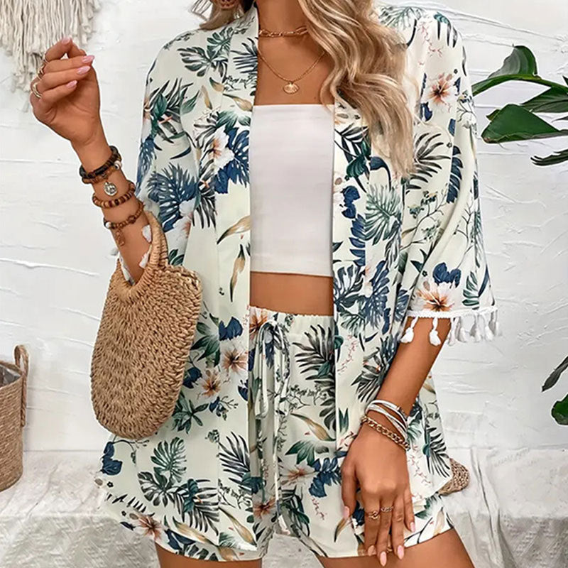 Shirt Beach Pants Suit Printed Tassel Short Two-piece Set