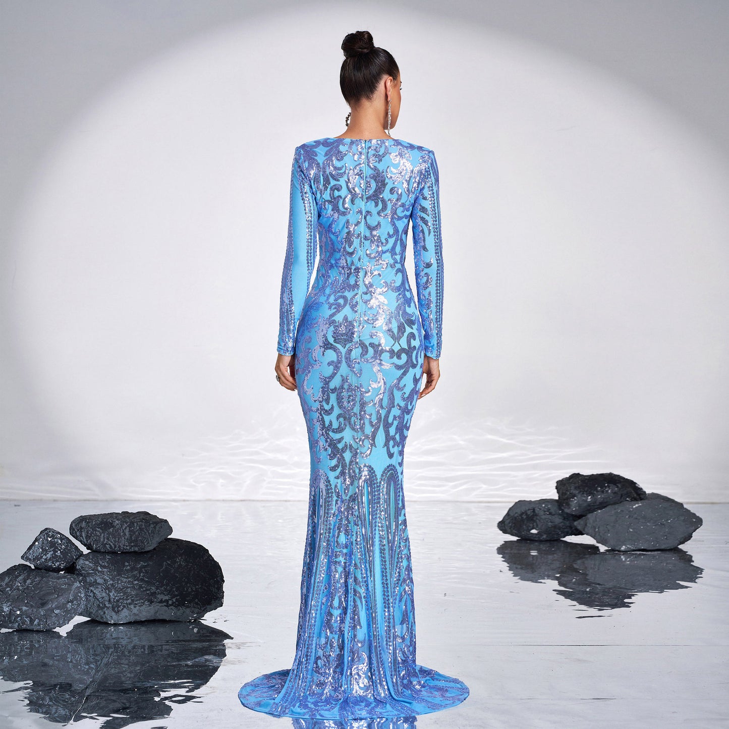 European And American High-end Long Sleeve Temperament Crew Neck Long Sequined Banquet Evening Dress