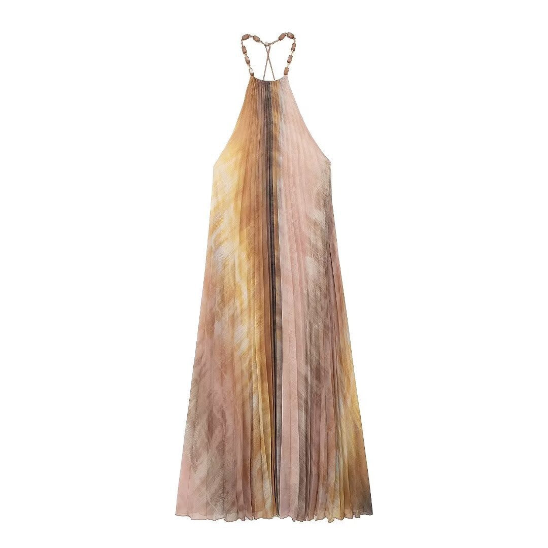Robe plissée à col suspendu tie-dye pour femme