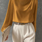 Solid Color Pleated Women's T-shirt Elegant Pullover Satin Top Commute Style Long Sleeve Top
