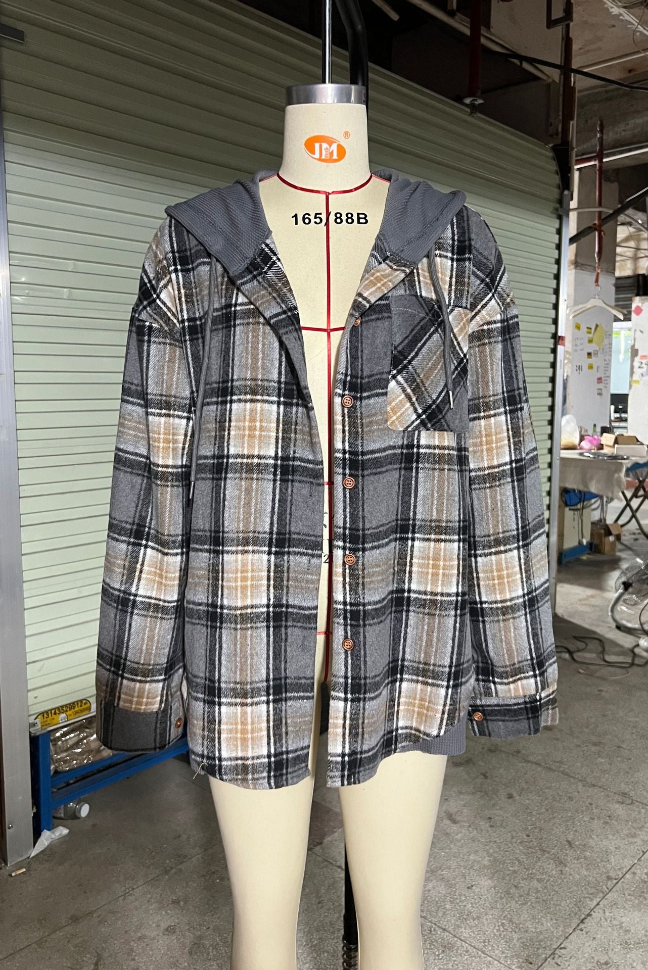 Women's Hooded Spliced Plaid Blouse Woolen Coat