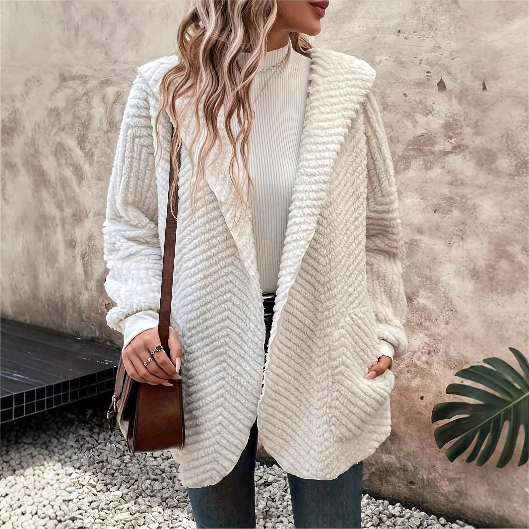 Cardigan à capuche en velours double face à motif ondulé décontracté