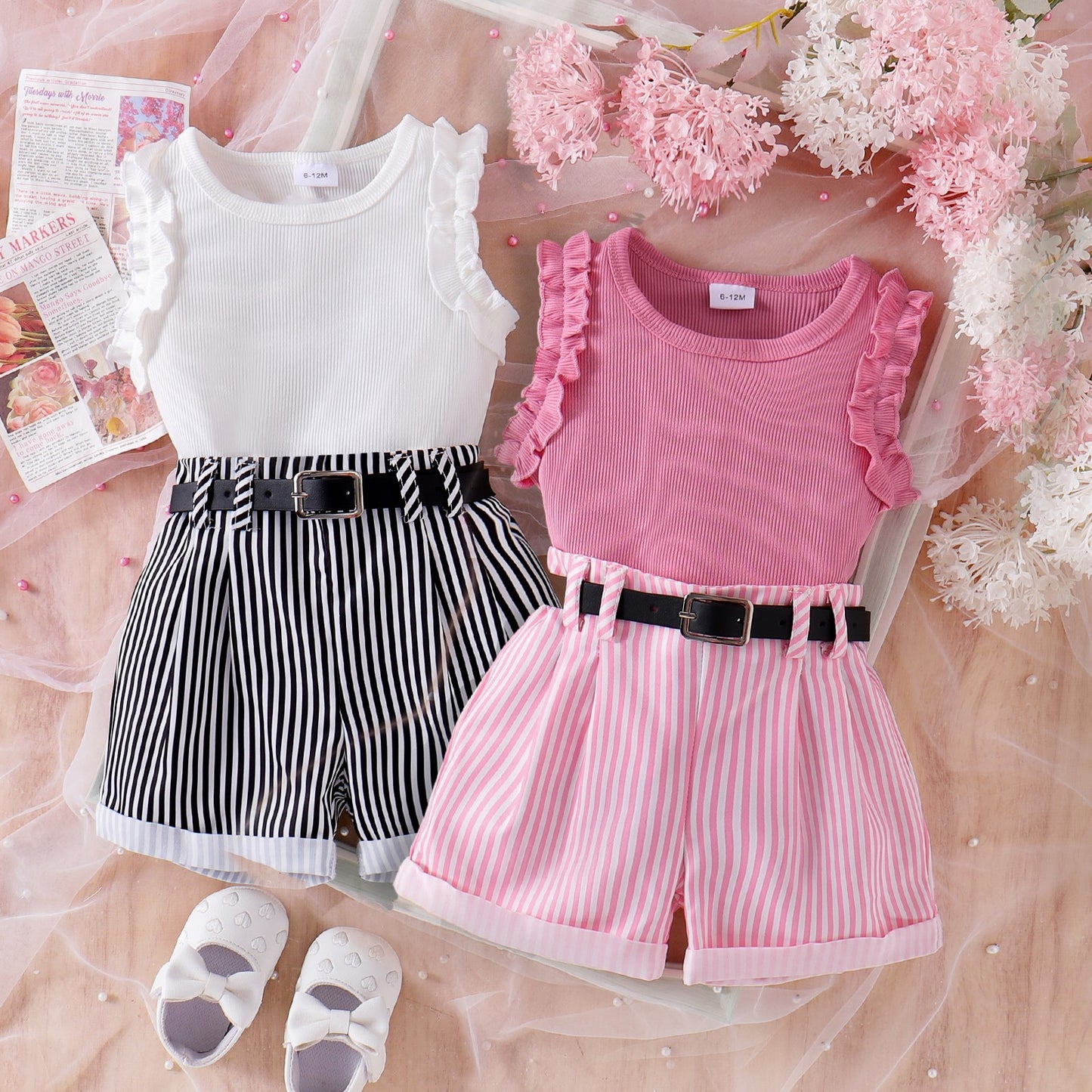 Short sans manches à rayures roses pour fille
