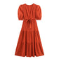V-neck Elegant Stitching Short Sleeve Dress Tight Waist French Style