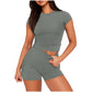 Solid Color Slim Shirt Top High Waist Shorts Suit